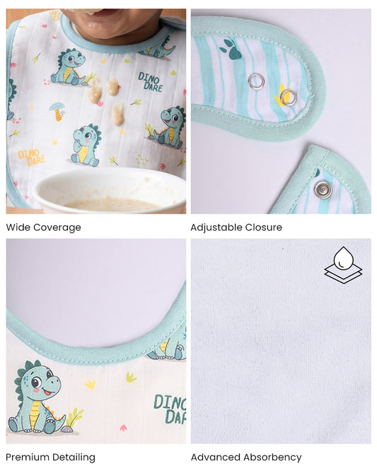 Twingle 100% Organic Muslin Bib-Soft Terry on the Back for maximum Absorbency-Trusted YKK Snaps-Dino Dare & Paw Strokes Print-Pack of 2-For Infants