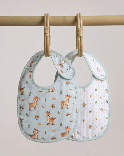 Twingle 100% Organic Muslin Bib-Soft Terry on the Back for maximum Absorbency-Trusted YKK Snaps-Fawnie Friends & Leafy Mush Print-Pack of 2-For Infants