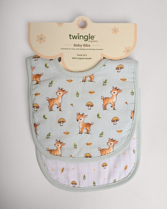 Twingle 100% Organic Muslin Bib-Soft Terry on the Back for maximum Absorbency-Trusted YKK Snaps-Fawnie Friends & Leafy Mush Print-Pack of 2-For Infants