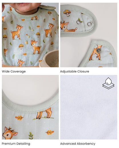Twingle 100% Organic Muslin Bib-Soft Terry on the Back for maximum Absorbency-Trusted YKK Snaps-Fawnie Friends & Leafy Mush Print-Pack of 2-For Infants