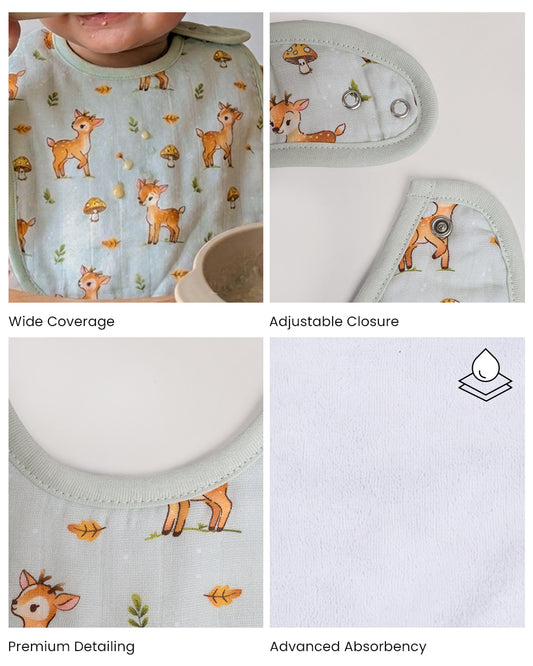 Twingle 100% Organic Muslin Bib-Soft Terry on the Back for maximum Absorbency-Trusted YKK Snaps-Fawnie Friends & Leafy Mush Print-Pack of 2-For Infants