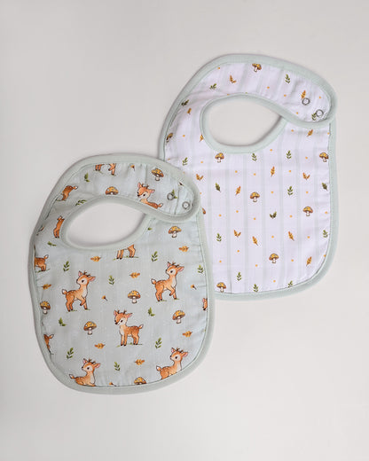 Twingle 100% Organic Muslin Bib-Soft Terry on the Back for maximum Absorbency-Trusted YKK Snaps-Fawnie Friends & Leafy Mush Print-Pack of 2-For Infants
