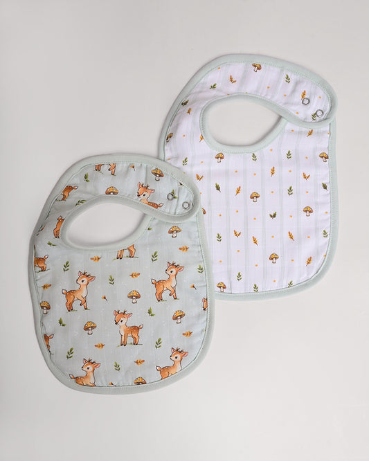 Twingle 100% Organic Muslin Bib-Soft Terry on the Back for maximum Absorbency-Trusted YKK Snaps-Fawnie Friends & Leafy Mush Print-Pack of 2-For Infants