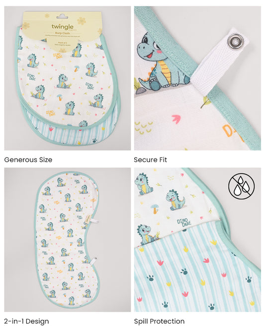Twingle 100% Organic Muslin Burp Cloth-Converts to Bib-Trusted YKK Snap-Dino Dare & Paw Strokes Print-Pack of 2-For Infants
