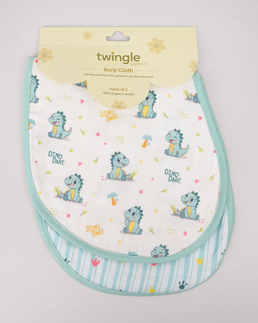 Twingle 100% Organic Muslin Burp Cloth-Converts to Bib-Trusted YKK Snap-Dino Dare & Paw Strokes Print-Pack of 2-For Infants