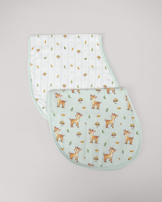 Twingle 100% Organic Muslin Burp Cloth-Converts to Bib-Trusted YKK Snap-Fawnie Friends & Leafy Mush Print-Pack of 2-For Infants