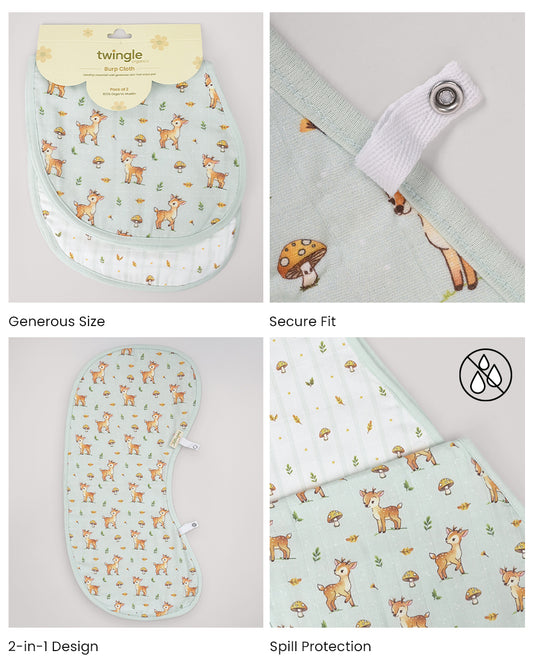 Twingle 100% Organic Muslin Burp Cloth-Converts to Bib-Trusted YKK Snap-Fawnie Friends & Leafy Mush Print-Pack of 2-For Infants