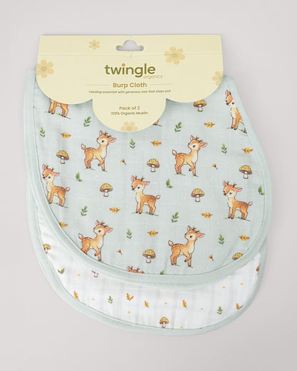 Twingle 100% Organic Muslin Burp Cloth-Converts to Bib-Trusted YKK Snap-Fawnie Friends & Leafy Mush Print-Pack of 2-For Infants