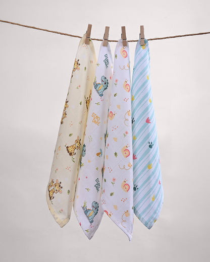 Twingle 100% Organic Muslin Wipes cum Wash Cloth-Naturally Softens With Each Wash-Quick Dry Fabric-Dino-Paw-Giffy & Snail Print-Pack of 4-For Infants