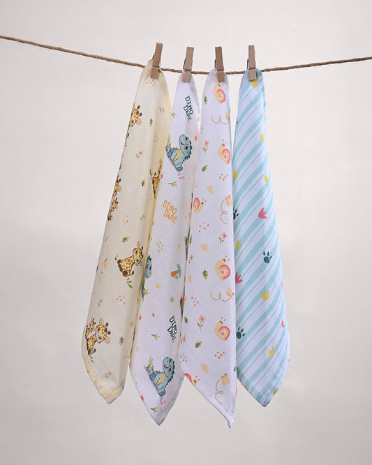 Twingle 100% Organic Muslin Wipes cum Wash Cloth-Naturally Softens With Each Wash-Quick Dry Fabric-Dino-Paw-Giffy & Snail Print-Pack of 4-For Infants