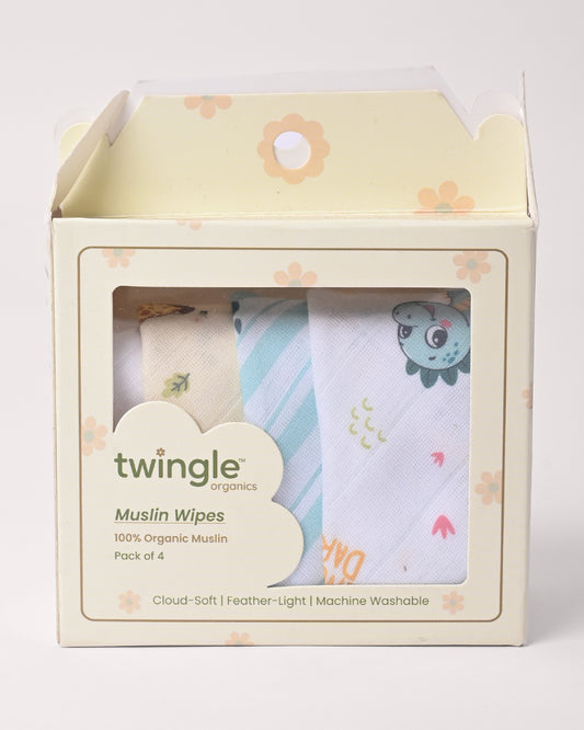 Twingle 100% Organic Muslin Wipes cum Wash Cloth-Naturally Softens With Each Wash-Quick Dry Fabric-Dino-Paw-Giffy & Snail Print-Pack of 4-For Infants