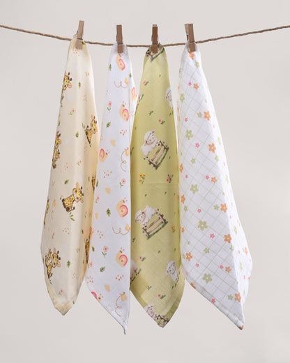 Twingle 100% Organic Muslin Wipes cum Wash Cloth-Naturally Softens With Each Wash-Quick Dry Fabric-Giffy-Snail-Sweet & Picnic Print-Pack of 4-For Infants
