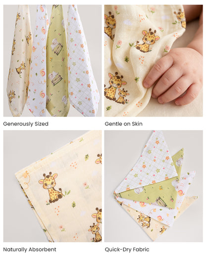 Twingle 100% Organic Muslin Wipes cum Wash Cloth-Naturally Softens With Each Wash-Quick Dry Fabric-Giffy-Snail-Sweet & Picnic Print-Pack of 4-For Infants