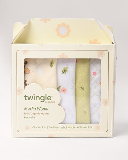 Twingle 100% Organic Muslin Wipes cum Wash Cloth-Naturally Softens With Each Wash-Quick Dry Fabric-Giffy-Snail-Sweet & Picnic Print-Pack of 4-For Infants