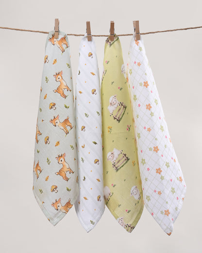 Twingle 100% Organic Muslin Wipes cum Wash Cloth-Naturally Softens With Each Wash-Quick Dry Fabric-Sweet-Picnic-Fawnie & Leafy Print-Pack of 4-For Infants