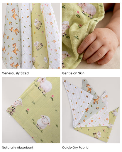 Twingle 100% Organic Muslin Wipes cum Wash Cloth-Naturally Softens With Each Wash-Quick Dry Fabric-Sweet-Picnic-Fawnie & Leafy Print-Pack of 4-For Infants