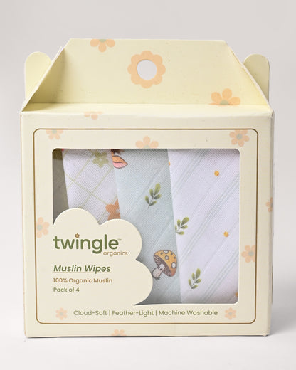 Twingle 100% Organic Muslin Wipes cum Wash Cloth-Naturally Softens With Each Wash-Quick Dry Fabric-Sweet-Picnic-Fawnie & Leafy Print-Pack of 4-For Infants
