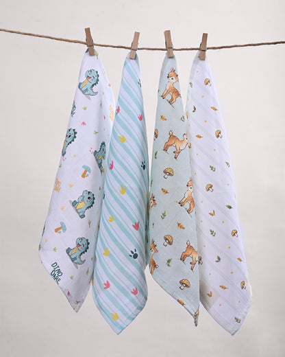 Twingle 100% Organic Muslin Wipes cum Wash Cloth-Naturally Softens With Each Wash-Quick Dry Fabric-Fawnie-Leafy-Dino & Paw Print-Pack of 4-For Infants