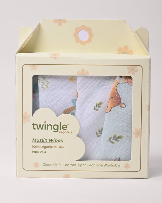 Twingle 100% Organic Muslin Wipes cum Wash Cloth-Naturally Softens With Each Wash-Quick Dry Fabric-Fawnie-Leafy-Dino & Paw Print-Pack of 4-For Infants