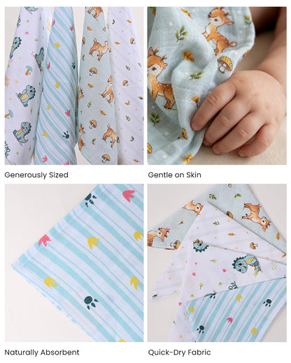 Twingle 100% Organic Muslin Wipes cum Wash Cloth-Naturally Softens With Each Wash-Quick Dry Fabric-Fawnie-Leafy-Dino & Paw Print-Pack of 4-For Infants