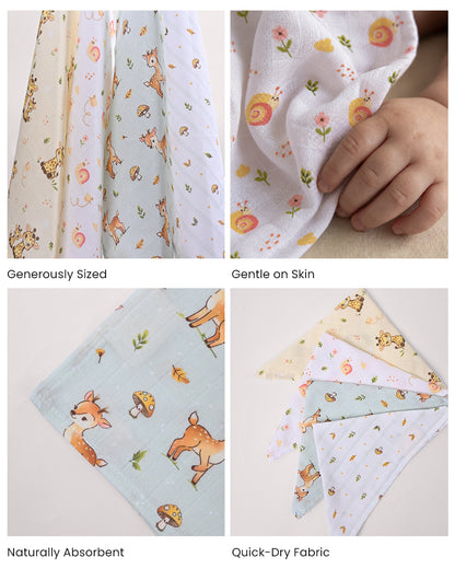 Twingle 100% Organic Muslin Wipes cum Wash Cloth-Naturally Softens With Each Wash-Quick Dry Fabric-Giffy-Snail-Fawnie & Leafy Print-Pack of 4-For Infants