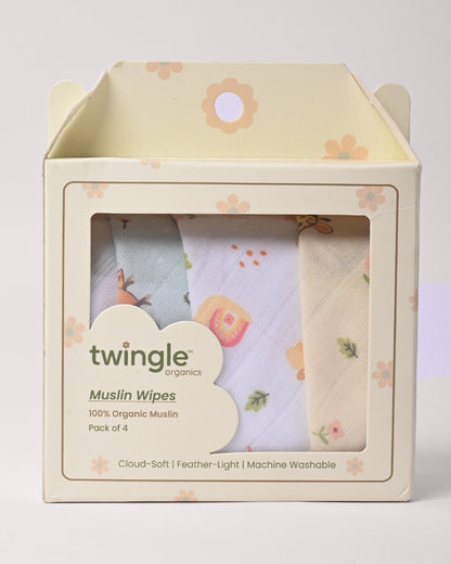 Twingle 100% Organic Muslin Wipes cum Wash Cloth-Naturally Softens With Each Wash-Quick Dry Fabric-Giffy-Snail-Fawnie & Leafy Print-Pack of 4-For Infants