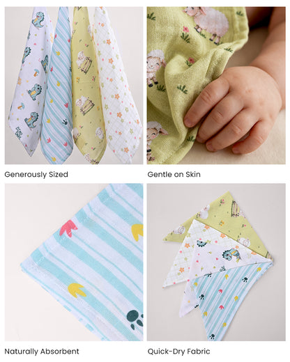 Twingle 100% Organic Muslin Wipes cum Wash Cloth-Naturally Softens With Each Wash-Quick Dry Fabric-Dino-Paw-Sweet & Picnic Print-Pack of 4-For Infants