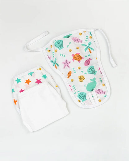 BeeLittle Sea Shell Velcro Nappy-Organic Cotton Muslin-Washable & Reusable-0 to 3M-Pack of 3