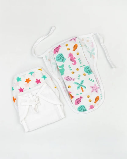 BeeLittle Sea Shell Velcro Nappy-Organic Cotton Muslin-Washable & Reusable-0 to 3M-Pack of 3