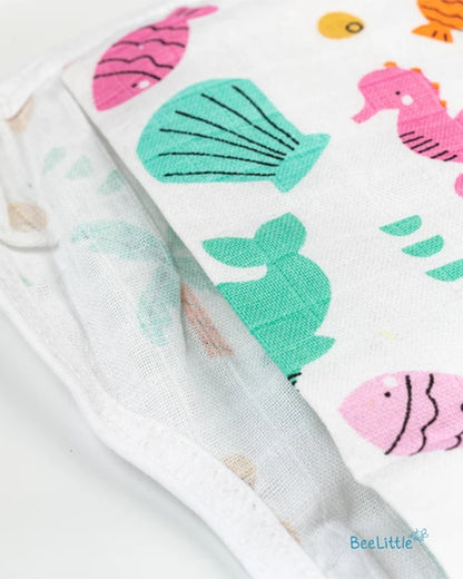 BeeLittle Sea Shell Velcro Nappy-Organic Cotton Muslin-Washable & Reusable-0 to 3M-Pack of 3