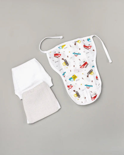 BeeLittle Truck With Stripes Velcro Nappy-Organic Cotton Muslin-Washable & Reusable-0 to 3M-Pack of 3