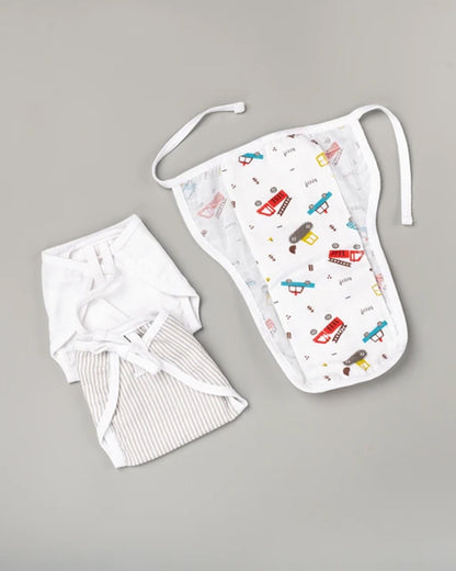 BeeLittle Truck With Stripes Velcro Nappy-Organic Cotton Muslin-Washable & Reusable-0 to 3M-Pack of 3