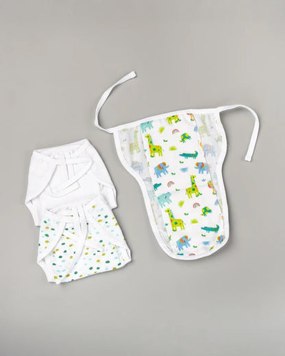 BeeLittle Jungle Stones Velcro Nappy-Organic Cotton Muslin-Washable & Reusable-0 to 3M-Pack of 3