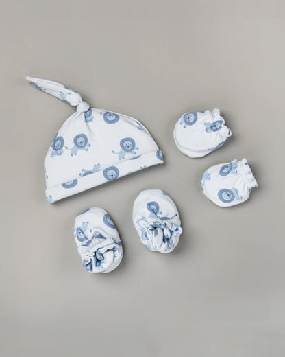 BeeLittle White & Navy Blue Cap, Booties & Mittens-Blue Lion-Cotton-For Infants