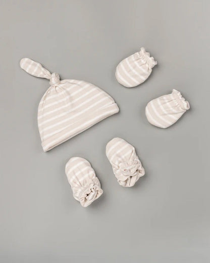 BeeLittle Beige Cap, Booties & Mittens-Brown Stripes-Cotton-For Infants