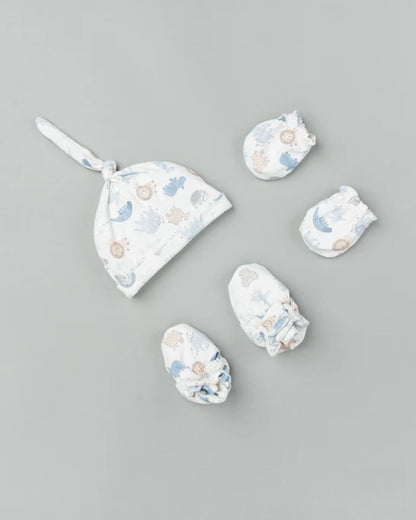 BeeLittle White Cap, Booties & Mittens-Sketched Wild-Cotton-For Infants