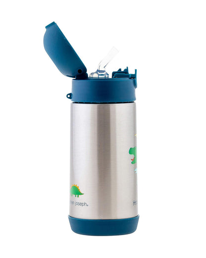 Stephen Joseph Stainless Steel Straw Sipper-With Easy to Open Button-Double Wall Insulated-Dino-350 ml