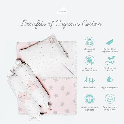 Masilo Sleepy Star Pink Baby Bedding Set-GOTS Certified Organic Cotton-Pack of 4-Mini Cot Gift Set for Infants