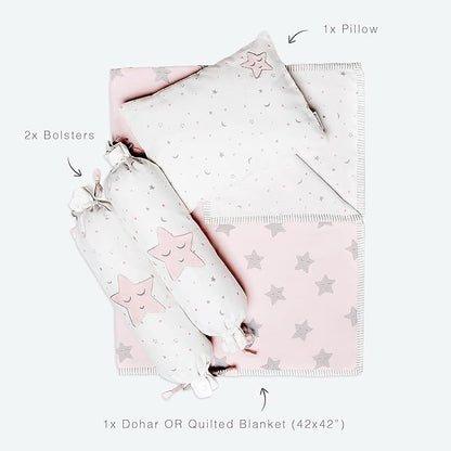 Masilo Sleepy Star Pink Baby Bedding Set-GOTS Certified Organic Cotton-Pack of 4-Mini Cot Gift Set for Infants