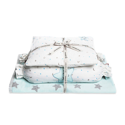 Masilo Sleepy Star Blue Baby Bedding Set-GOTS Certified Organic Cotton-Pack of 4-Mini Cot Gift Set for Infants