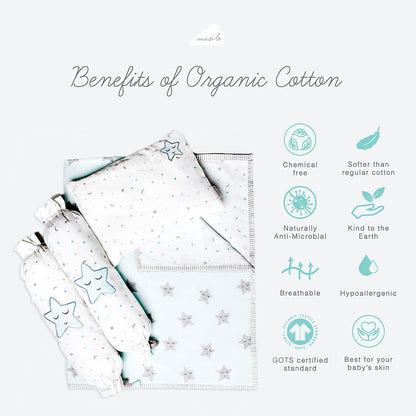 Masilo Sleepy Star Blue Baby Bedding Set-GOTS Certified Organic Cotton-Pack of 4-Mini Cot Gift Set for Infants