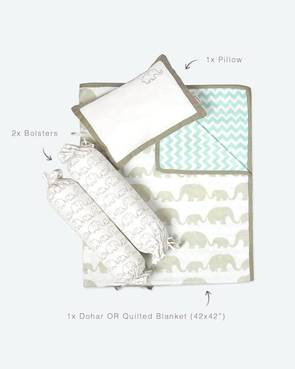 Masilo Elephant Parade Grey Baby Bedding Set-GOTS Certified Organic Cotton-Pack of 4-Mini Cot Gift Set For Infants