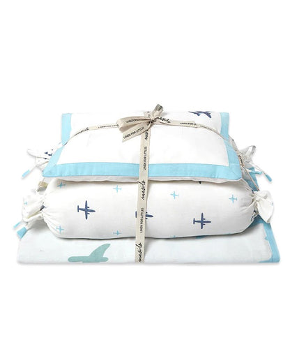 Masilo Dream Wings Blue Baby Bedding Set-GOTS Certified Organic Cotton-Pack of 4-Mini Cot Gift Set For Infants