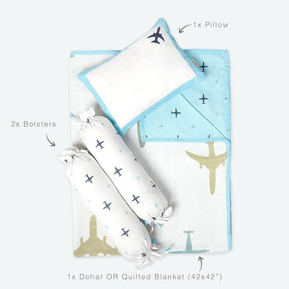 Masilo Dream Wings Blue Baby Bedding Set-GOTS Certified Organic Cotton-Pack of 4-Mini Cot Gift Set For Infants