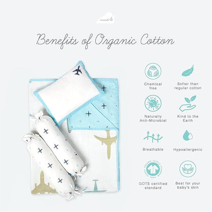 Masilo Dream Wings Blue Baby Bedding Set-GOTS Certified Organic Cotton-Pack of 4-Mini Cot Gift Set For Infants