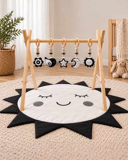 Babble Wrap Black & White Wooden Playgym with Mat-5 Charming Hanging Toys-For Infants