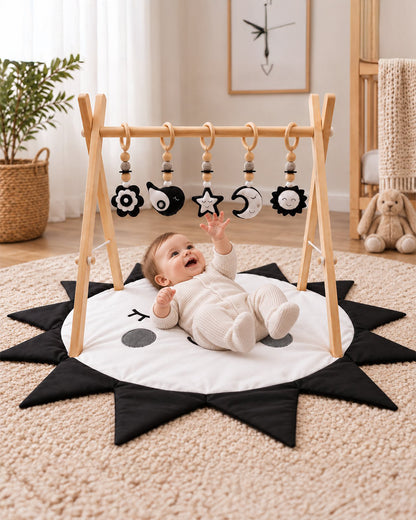 Babble Wrap Black & White Wooden Playgym with Mat-5 Charming Hanging Toys-For Infants
