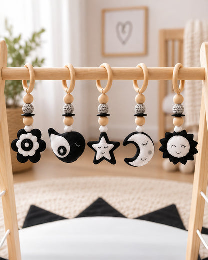 Babble Wrap Black & White Wooden Playgym with Mat-5 Charming Hanging Toys-For Infants