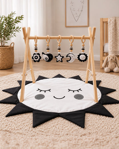 Babble Wrap Black & White Wooden Playgym with Mat-5 Charming Hanging Toys-For Infants