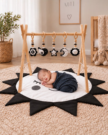 Babble Wrap Black & White Wooden Playgym with Mat-5 Charming Hanging Toys-For Infants